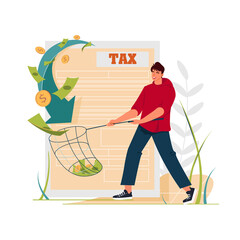 Tax agent service abstract concept vector illustration. Money refund, income statement and financial audit, e-file online software. Man raises money. Personal financial advisor service concept.