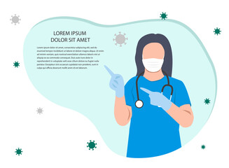 Obraz premium Flat vector illustration of nurse, wearing a white mask and stethoscope. Hands points to recommendations, text. Cartoon poster about virus, covid-19, coronavirus