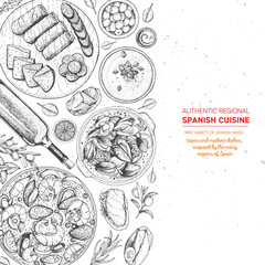 Spanish cuisine top view frame. A set of spanish dishes with croquetas, bocadillo, paella, gaspacho, tapas. Food menu design template. Vintage hand drawn sketch vector illustration. Engraved image.