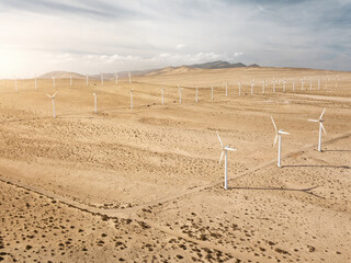 Aerial view of wind turbines at the desert