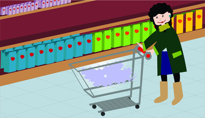 Vector Illustration of a Woman Pushing a Shopping Trolley, Push a Shopping Cart