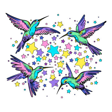 Bright composition with hummingbirds and stars. Stylish image for printing on any surface