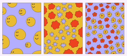 vintage vector interior posters in hippie style.70s and 60s funky and groove postcards.Psychedelic patterns with flowers and smile shapes.Abstract shapes for wallpaper and background.Retro placards