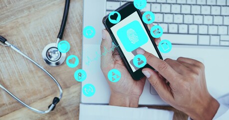 Composition of screen with medical data processing over female doctor using smartphone