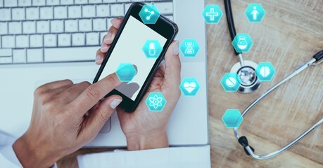 Composition of screen with medical data processing over female doctor using smartphone