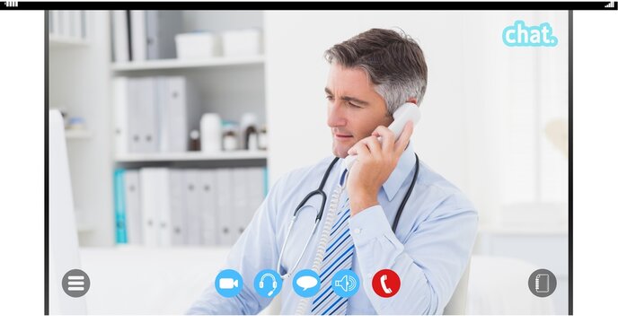 Composition of screen with medical data processing over male doctor during phone consultation