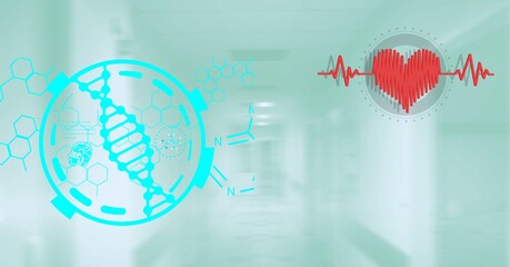 Composition of heart rate monitor, dna strand and network of medical icons over hospital