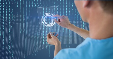 Composition of female doctor holding interactive screen with medical data processing
