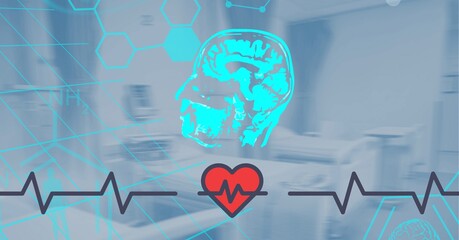 Composition of heart rate monitor, human head and network of medical icons over hospital