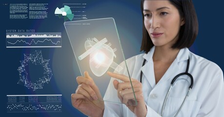 Composition of female doctor holding interactive screen with medical data processing