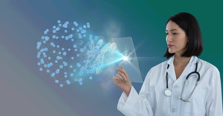 Composition of female doctor holding interactive screen with globe of connections