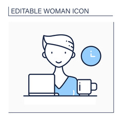 Naklejka na ściany i meble Female freelancer line icon. Remote Work. Worker person looking at laptop. Designer freelancer. Hard-working concept. Isolated vector illustration.Editable stroke