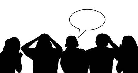 Composition of silhouette of sports fans and speech bubble with copy space