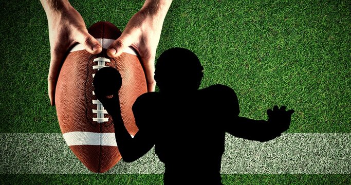 Composition of silhouette of american football player over ball on pitch