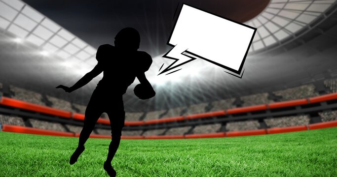 Composition of silhouette of american football player and speech bubble with copy space over stadium - Powered by Adobe