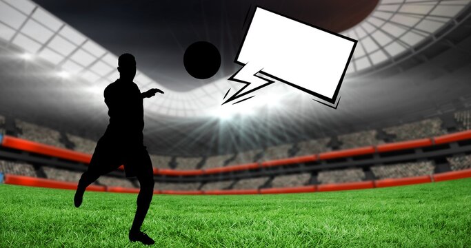 Composition of silhouettes of football player, speech bubble with copy space over sports stadium