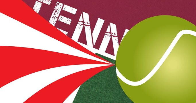 Composition of tennis ball and text on red background