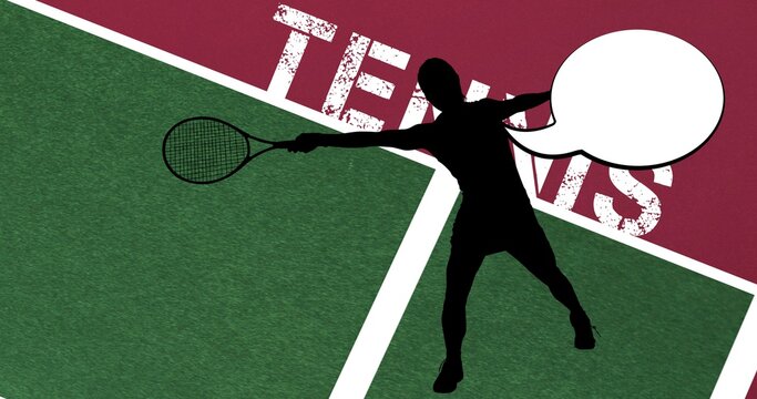 Composition of silhouette of tennis player and speech bubble with copy space - Powered by Adobe