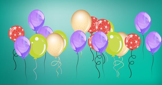 Composition of multiple red, purple and green balloons on green background