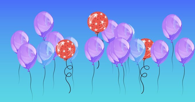 Composition of multiple red and purple balloons on blue background