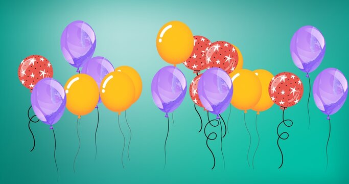 Composition of multiple purple, yellow and red balloons on blue background