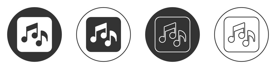 Black Music note, tone icon isolated on white background. Circle button. Vector