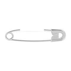 A metal safety pin attached to the fabric. Steel color pin threaded through the material. Realistic vector illustration isolated on white background.