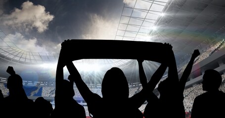 Composition of silhouettes of sports fans cheering on sports stadium