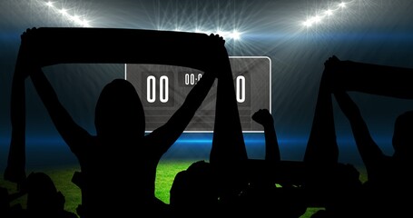 Composition of silhouettes of sports fans cheering on sports stadium