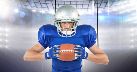Composition of male rugby player with ball over rugby field