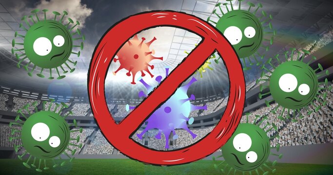 Composition of prohibition sign and multiple coronavirus cells over stadium