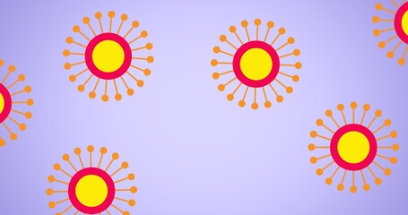 Composition of yellow and orange covid 19 cells on purple background