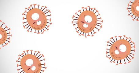 Composition of orange covid 19 cells icons with eyes on white background