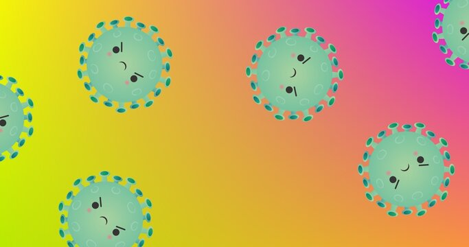 Composition Of Green Covid 19 Cells Icons With Eyes On Pink To Yellow Background