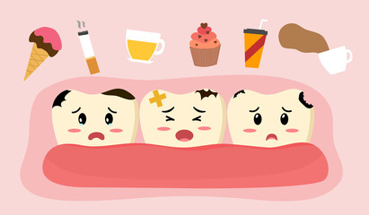 Sad cavity tooth cartoon with products that damage teeth in flat design vector illustration. Cute caries teeth character.