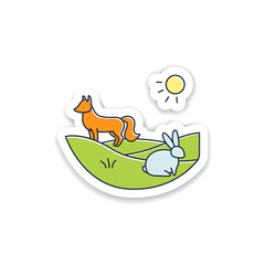 Grasslands sticker. Fox and rabbit live in grasslands. Hunting badge for designs. Generally located between deserts and forests. Biodiversity vector emblem