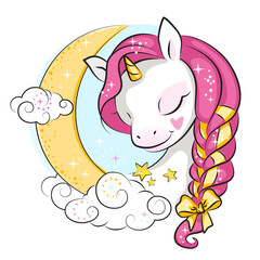Little sleeping unicorn and moon. Beautiful picture for your design.