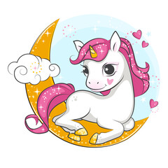 Little unicorn on the moon. Beautiful picture for your design.