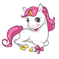 Cute smiling unicorn. Rainbow and clouds.Beautiful picture for your design.