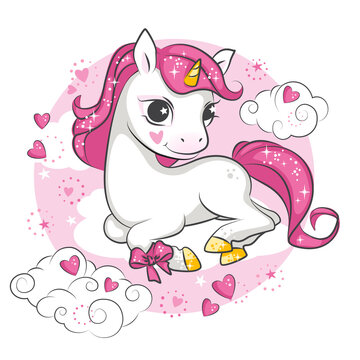 Cute little  unicorn on the pink background. Beautiful picture for your design.