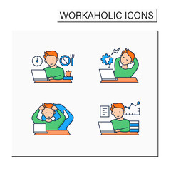 Workaholic color icons set. Workaholism prevention, consequences. Depersonalization, counterproductive behaviour, skip breaks.Overworking concept.Isolated vector illustrations