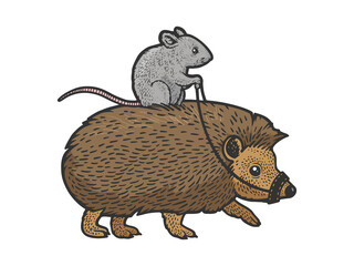 Mouse riding a hedgehog color line art sketch engraving vector illustration. T-shirt apparel print design. Scratch board imitation. Black and white hand drawn image.