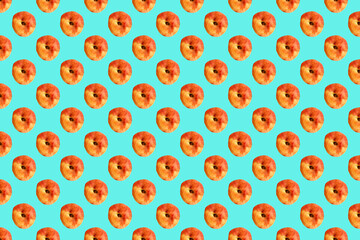 Peaches pattern on a blue background. Colorful peaches on a pastel green background.