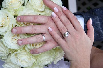wedding rings and human hand on the roses