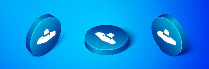 Isometric Elegant women hat icon isolated on blue background. Blue circle button. Vector