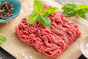 Minced meat with spices on paper on table. Closeup