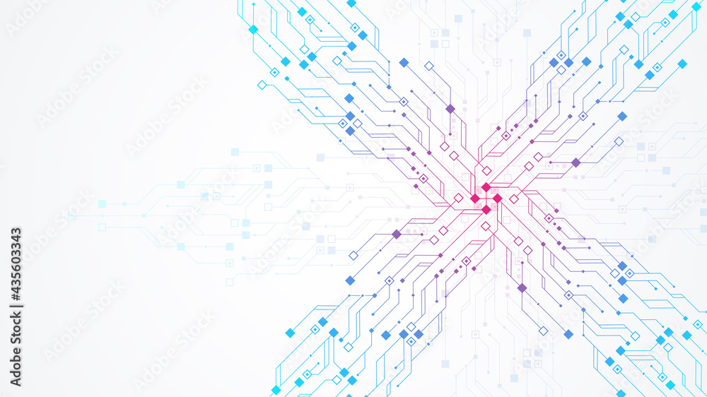 Leinwandbilder Modern technology circuit board texture background design. Quantum computer technologies concepts, large data processing. Futuristic blue circuit board background. Minimal vector motherboard