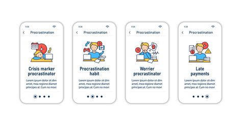 Procrastination onboarding mobile app screens. Postpone unpleasant tasks for later.Delay. Overwhelmed steps menu. Set of UI, UX, web template with RGB color linear icons
