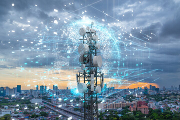Telecommunication tower with 5G cellular network antenna on city background, Global connection and internet network concept - obrazy, fototapety, plakaty