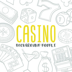 Casino Doodle Banner Icon. Gamble Vector Illustration Hand Drawn Art. Line Symbols Sketch Background.